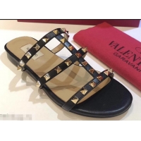 Good Quality Valentino Rockstud Flat Slide Sandals VT2503 Black