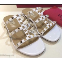 Faux Cheap Valentino Rockstud Flat Slide Sandals VT2503 White