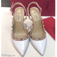 Popular Style Valentino Heel 9.5cm Rockstud Patent Leather Slingback Pumps VT2601 White