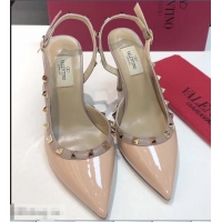 Well Crafted Valentino Heel 9.5cm Rockstud Patent Leather Slingback Pumps VT2601 Nude