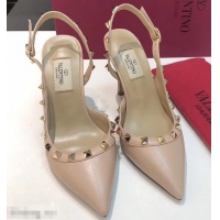 Youthful Valentino Heel 9.5cm Rockstud Sheepskin Slingback Pumps VT2602 Nude