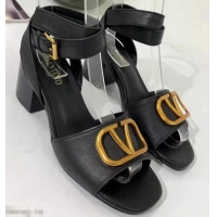 Feminine Valentino Mid-Heel Cowhide Sandals VT2708 Black With Go Logo Detail 2019