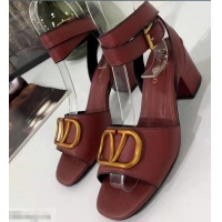 Buy Fashionable Valentino Mid-Heel Cowhide Sandals VT2708 Burgundy With Go Logo Detail 2019