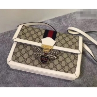 Top Grade Gucci Queen Margaret Metal Bee Web GG Supreme Medium Shoulder Bag 524356 white