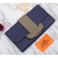 Classic Hot Hermes Grained Calf Leather Flap Clutch H442112 Navy Blue/Grey