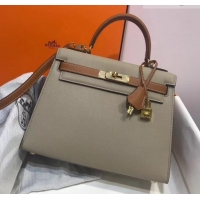 Top Design Hermes Kelly 28cm Top Handle Bag in Epsom Leather H422011 Dove Gray/Caramel Brown