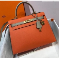 Luxury Hermes Kelly 28 cm Top Handle Bag in Epsom Leather H422011 Orange/Dove Gray