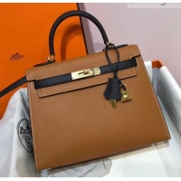 Charming Hermes Kelly 28cm Top Handle Bag in Epsom Leather H422011 Caramel Brown/Black