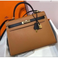 Good Product Hermes Kelly 32cm Top Handle Bag in Epsom Leather H422011 Caramel Brown/Black