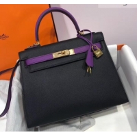 Top Quality Hermes Kelly 28cm Top Handle Bag in Epsom Leather H422011 Black/Purple