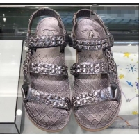 Shop Chanel Chain Sandals G33801 Metallic Silver 2019