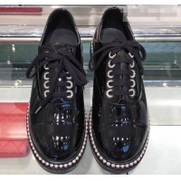 Buy Discount Chanel Pearls Around Lace-ups Shoes G41727 Black 2019