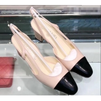 Ladies Hot Chanel Glazed Calfskin Heel 6.5cm Slingbacks G31318 Beige/Black 2019