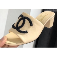 ​Comfortable Chanel Heel 5.5cm Sequins CC Logo Mules G34681 Apricot 2019