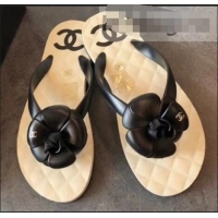 Lower Price Chanel CC Logo Camellia Thong Sandals G42330 Black 2019