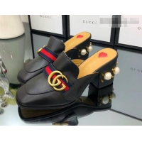 Discount Gucci Calfskin Leather 7.5cm heel Web Details Pearls Trim Slipper GG698 Black