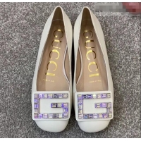 Elegant Gucci Leather Ballet Flats White With Crystal G 551434 2019