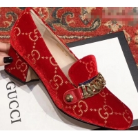 Fashion Gucci Sylvie Chain GG Velvet Mid-Heel Pumps 525082 Red