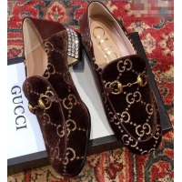 Classic Gucci Horsebit GG Velvet Loafers/Pumps with Crystals 522698 Coffee