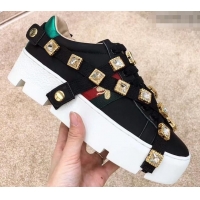 New Cheap Gucci Web Bee Ace Platform 4cm Sneakers GG11901 Black with Removable Crystals 2019