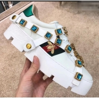 Faux Gucci Web Bee Ace Platform 4cm Sneakers GG11902 White with Removable Crystals 2019