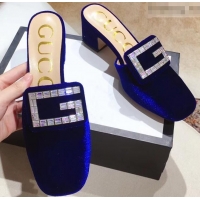 Modern Discount Gucci Heel 6cm Crystal G Slipper Mules G21804 Velvet Blue 2019