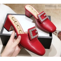 Shop Cheap Gucci Heel 6cm Crystal G Slipper Mules G21812 Red 2019