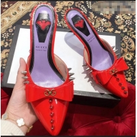 Pretty Style Gucci Heel 8cm Patent Leather Silver-toned Spikes Mules with Bow 921836 Red 2019