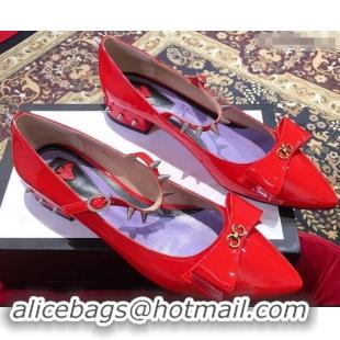 Imitation Gucci Heel 2cm Patent Leather Silver-toned Spikes Ballet Pumps with Bow 558097 Red 2019