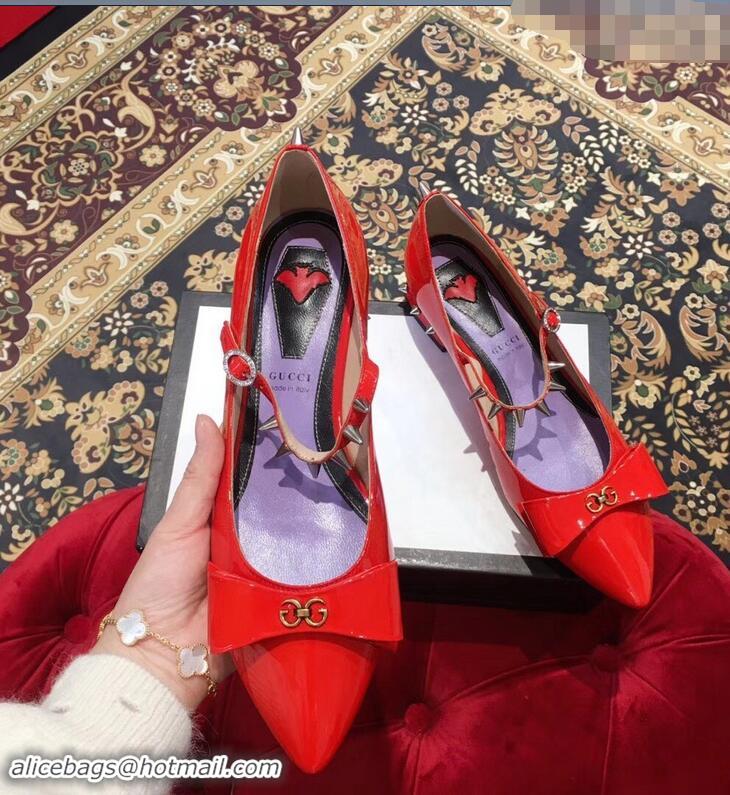 Imitation Gucci Heel 2cm Patent Leather Silver-toned Spikes Ballet Pumps with Bow 558097 Red 2019