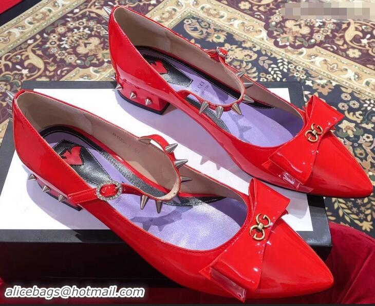 Imitation Gucci Heel 2cm Patent Leather Silver-toned Spikes Ballet Pumps with Bow 558097 Red 2019