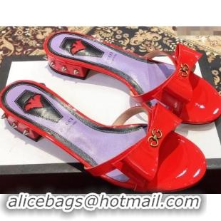 Cheapest Gucci Heel 2cm Patent Leather Silver-toned Spikes Mules with Bow 921838 Red 2019