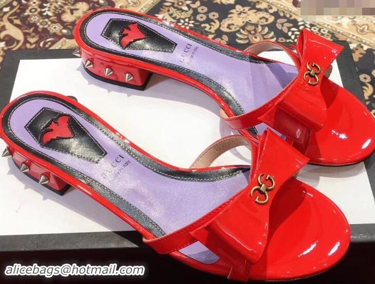 Cheapest Gucci Heel 2cm Patent Leather Silver-toned Spikes Mules with Bow 921838 Red 2019