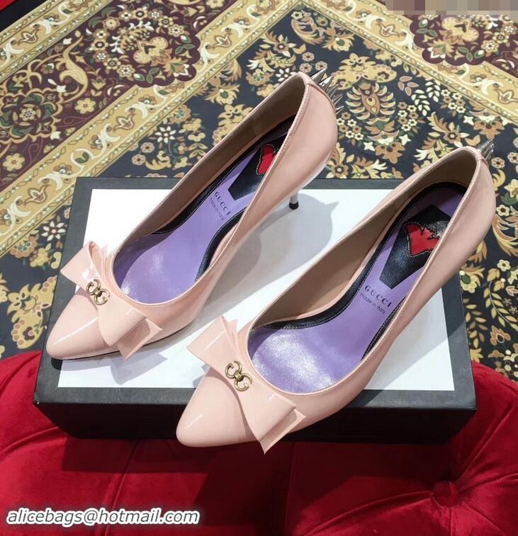 Discount Gucci Heel 8cm Patent Leather Silver-toned Spikes Pumps with Bow 549666 Nude Pink 2019