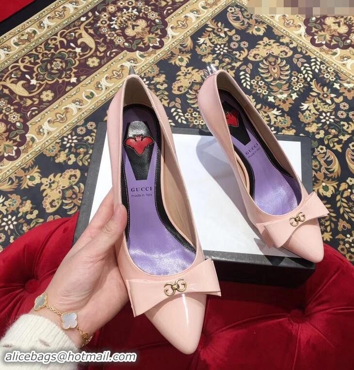 Discount Gucci Heel 8cm Patent Leather Silver-toned Spikes Pumps with Bow 549666 Nude Pink 2019