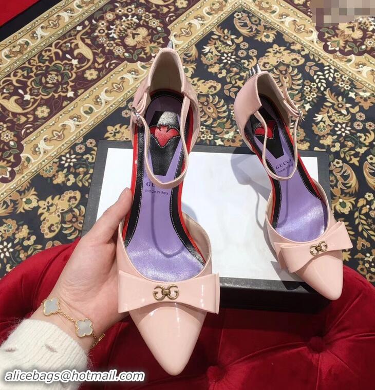 Faux Gucci Heel 8cm Patent Leather Silver-toned Spikes Sandals with Bow 921840 Nude Pink 2019