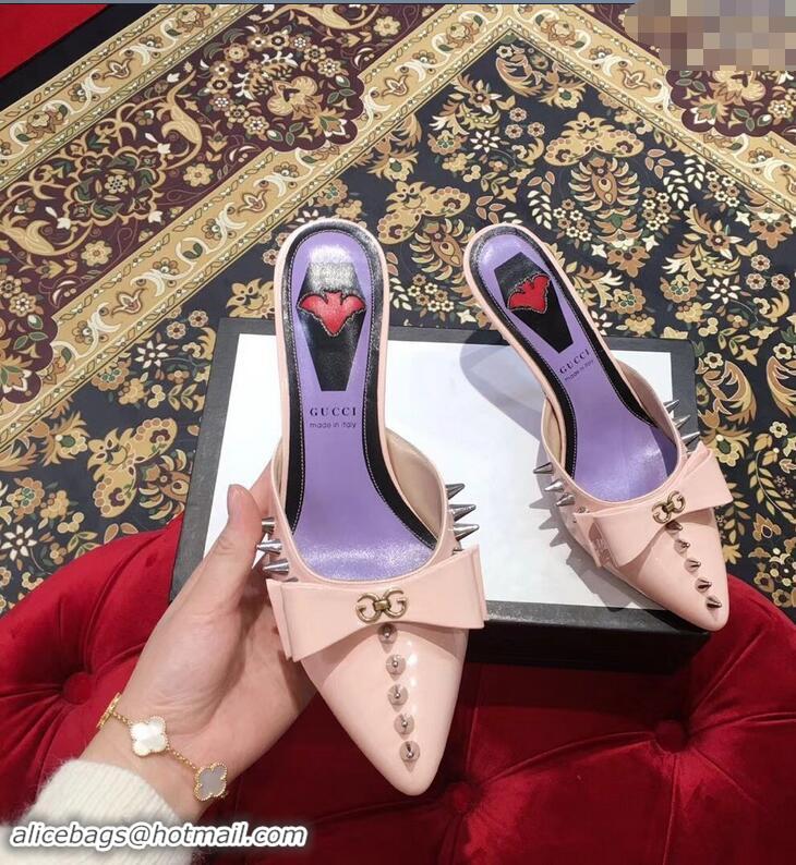 Trendy Gucci Heel 8cm Patent Leather Silver-toned Spikes Mules with Bow 921841 Nude Pink 2019