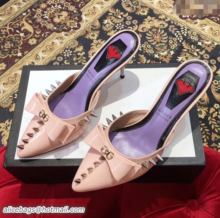 Trendy Gucci Heel 8cm Patent Leather Silver-toned Spikes Mules with Bow 921841 Nude Pink 2019