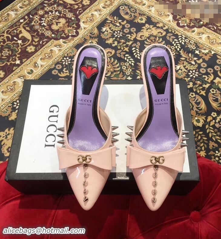 Trendy Gucci Heel 8cm Patent Leather Silver-toned Spikes Mules with Bow 921841 Nude Pink 2019