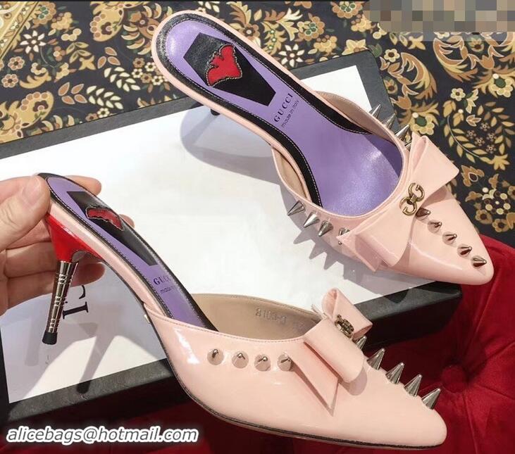 Trendy Gucci Heel 8cm Patent Leather Silver-toned Spikes Mules with Bow 921841 Nude Pink 2019