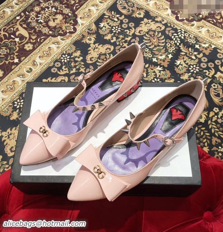 Discount Gucci Heel 2cm Patent Leather Silver-toned Spikes Ballet Pumps with Bow 558097 Nude Pink 2019