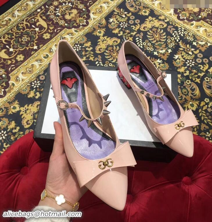 Discount Gucci Heel 2cm Patent Leather Silver-toned Spikes Ballet Pumps with Bow 558097 Nude Pink 2019