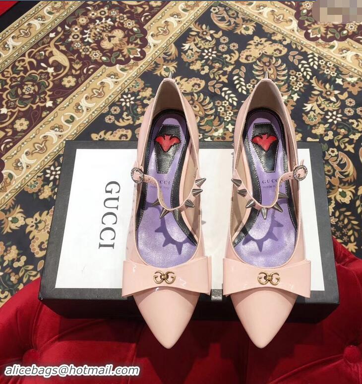 Discount Gucci Heel 2cm Patent Leather Silver-toned Spikes Ballet Pumps with Bow 558097 Nude Pink 2019