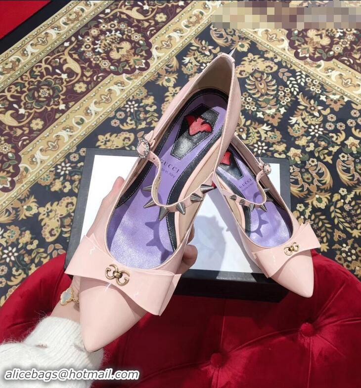 Discount Gucci Heel 2cm Patent Leather Silver-toned Spikes Ballet Pumps with Bow 558097 Nude Pink 2019