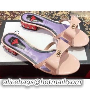 Top Design Gucci Heel 2cm Patent Leather Silver-toned Spikes Mules with Bow 921843 Nude Pink 2019