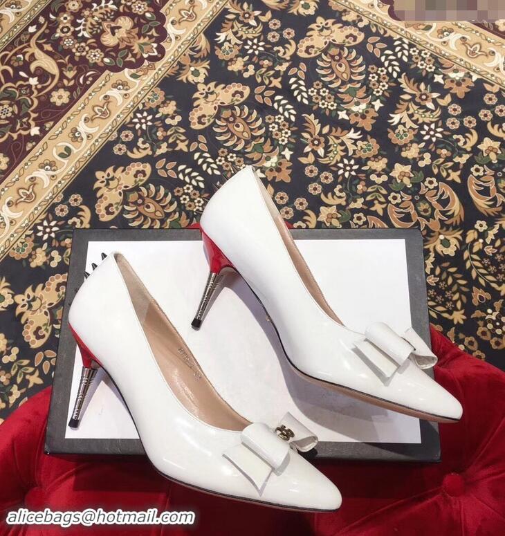 Well Crafted Gucci Heel 8cm Patent Leather Silver-toned Spikes Pumps with Bow 549666 White 2019