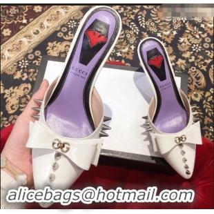 Grade Quality Gucci Heel 8cm Patent Leather Silver-toned Spikes Mules with Bow 921846 White 2019