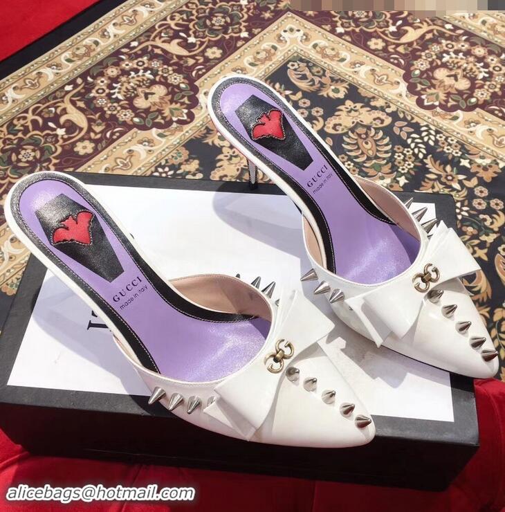 Grade Quality Gucci Heel 8cm Patent Leather Silver-toned Spikes Mules with Bow 921846 White 2019