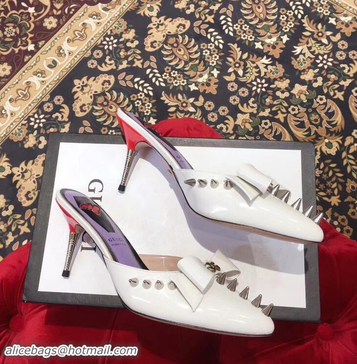 Grade Quality Gucci Heel 8cm Patent Leather Silver-toned Spikes Mules with Bow 921846 White 2019