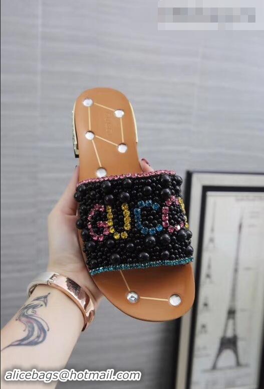 Buy Discount Gucci Guccy Pearl Slide Sandals 930701 Black With Crystal Heel 2019